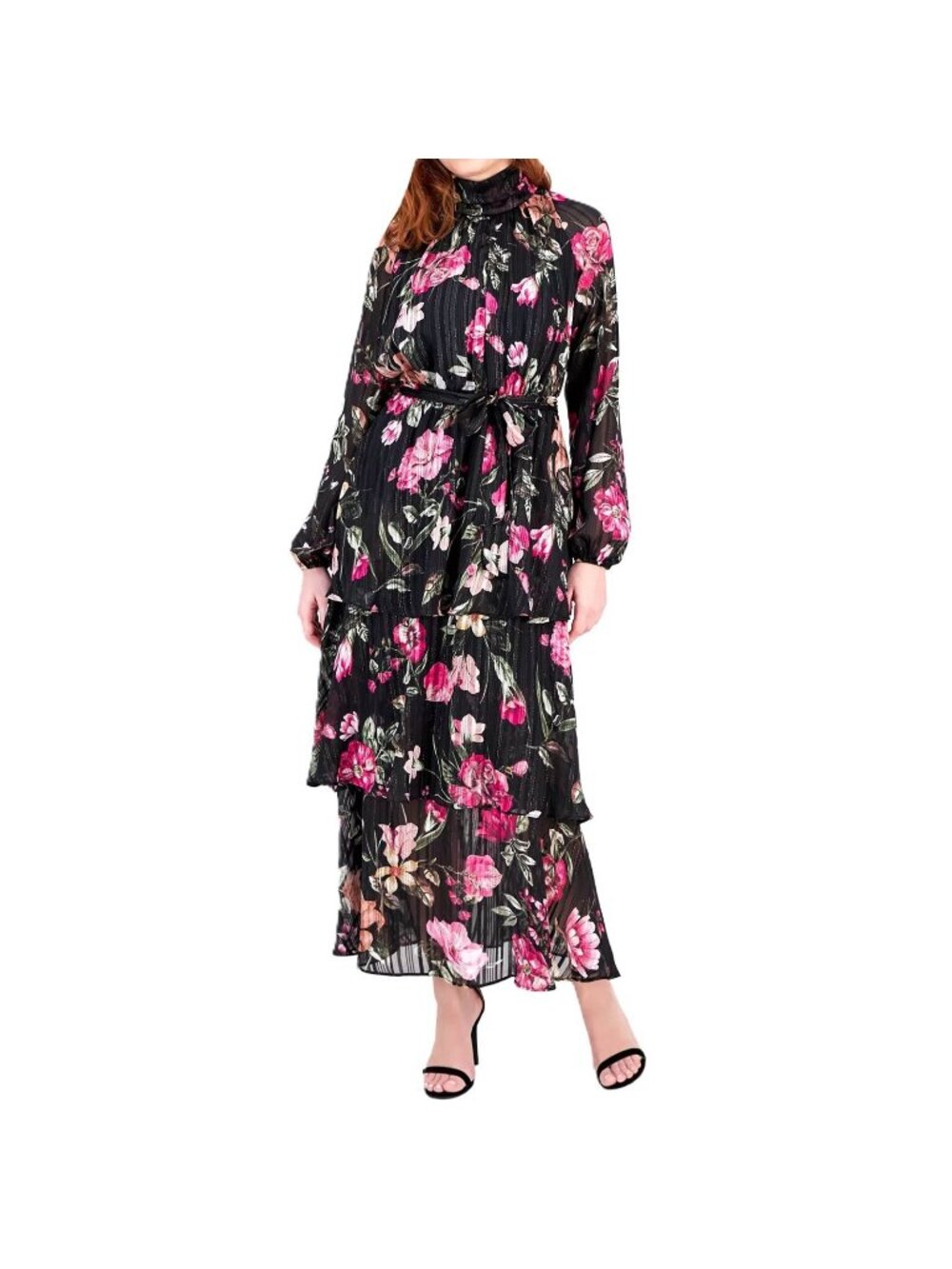 RACHEL Rachel Roy Women's Black Mae Floral Printed Tiered Maxi Dress Size 6